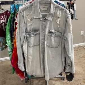 AE American Eagle grey washed destroyed denim top